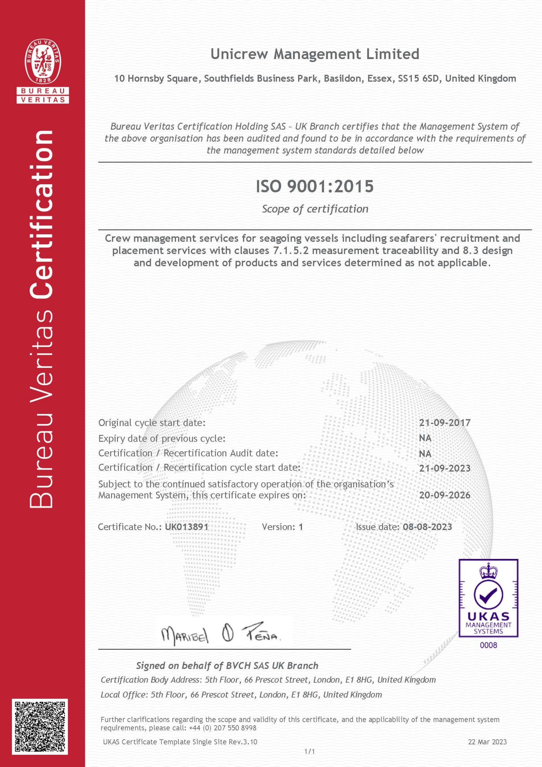 Unicrew Management Limited 9K Certificate exp. 20-09-2023